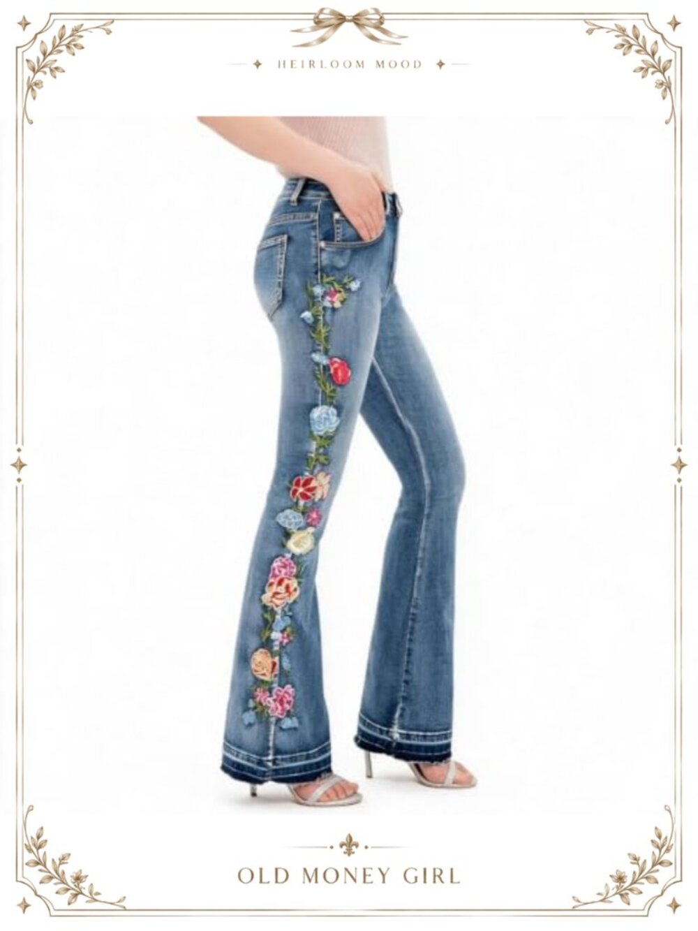 High Waisted Flare Jeans with Floral Embroidery Frayed Hem